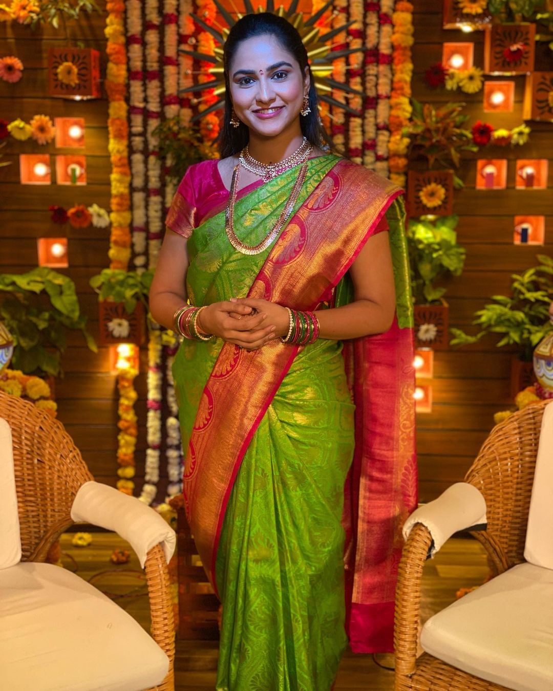 Telugu Tv Anchor Kasi Annapurna Stills in Green Saree